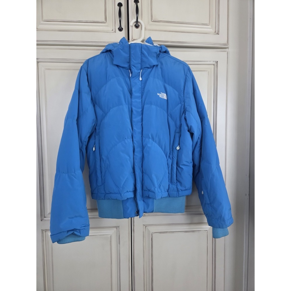 Vtg North Face Goose Down 600 Coat Women's Xl Detachable Hood Blue Bomber Style